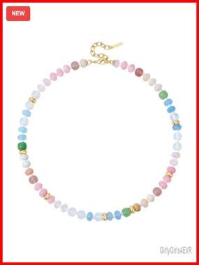 Natural Gemstone Beaded Necklace, Gold Plated CZ Choker | Adjustable Bohemian